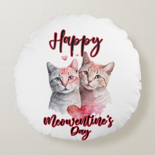 Happy Meowentine's Day Cat Couple Valentine's  Round Pillow (Front)