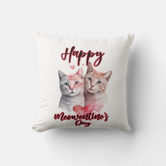 Happy Meowentine's Day Cat Couple Valentine's  Throw Pillow (Front)