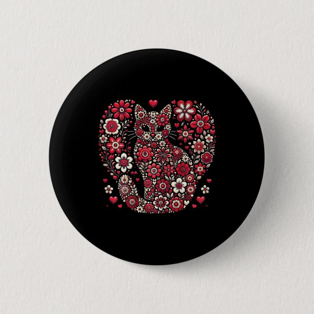 Happy Meowentine's Day Floral Cat Valentine Romant Button (Front)