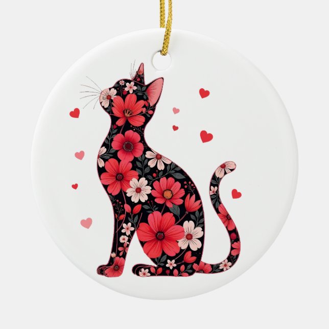 Happy Meowentine's Day Floral Cat Valentines Day Ceramic Ornament (Front)