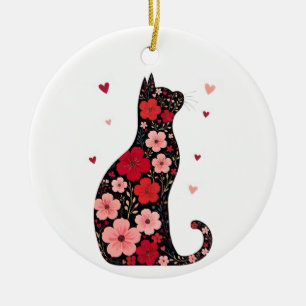 Happy Meowentine's Day Floral Cat Valentines Day Ceramic Ornament