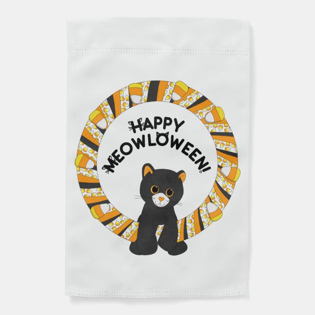 Happy Meowloween Black Cat Halloween Candy Corn Garden Flag (Front)