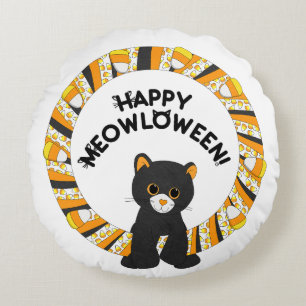 Happy Meowloween Black Cat Halloween Candy Corn Round Pillow