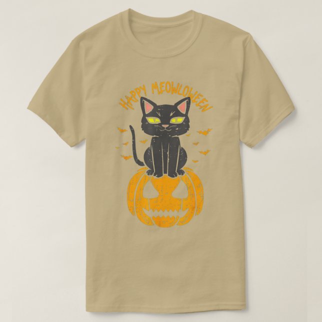 Happy Meowloween Black Cat On Pumpkin Full Moon Ha T-Shirt (Design Front)