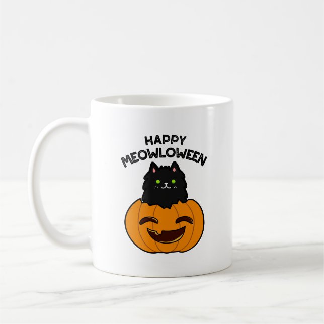 Happy Meowloween Funny Halloween Pun  Coffee Mug (Left)