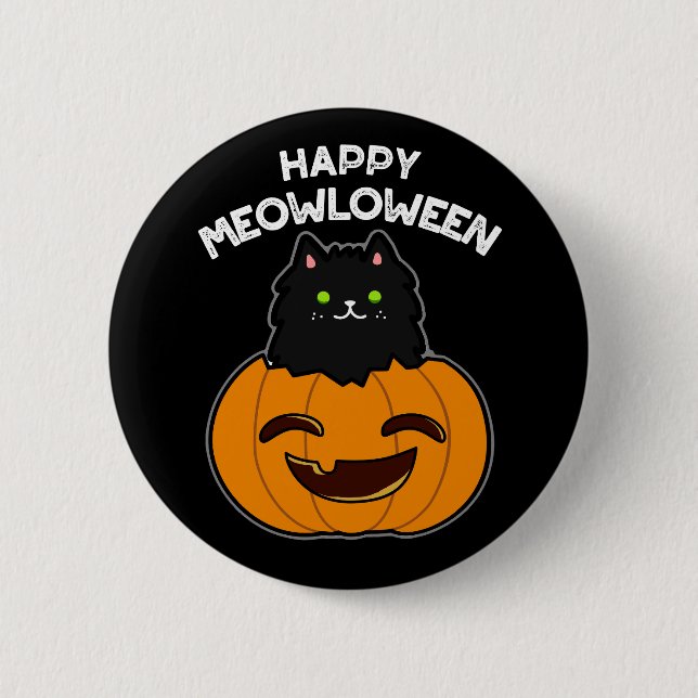 Happy Meowloween Funny Halloween Pun Dark BG Button (Front)