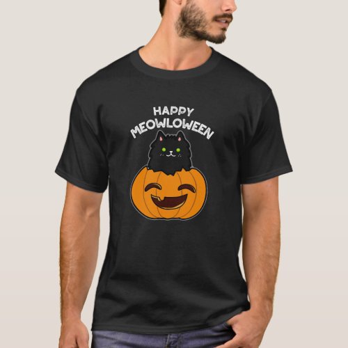 Happy Meowloween Funny Halloween Pun Dark BG T_Shirt