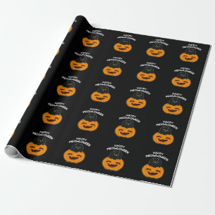 Happy Meowloween Funny Halloween Pun Dark BG Wrapping Paper