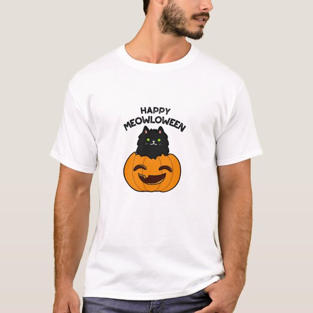 Happy Meowloween Funny Halloween Pun  T-Shirt (Front)