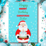 Happy Merry Birthday Christmas Santa Sister Card<br><div class="desc">Celebrate your sister’s Christmas birthday with a card that sparkles with joy! Santa Claus carries a festive birthday cake,  bringing together the magic of Christmas and the happiness of her special day. A cheerful way to show your granddaughter how loved she is during this holiday season.</div>