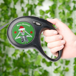 Happy Merry Christmas Skeleton Red Stars Green Retractable Pet Leash