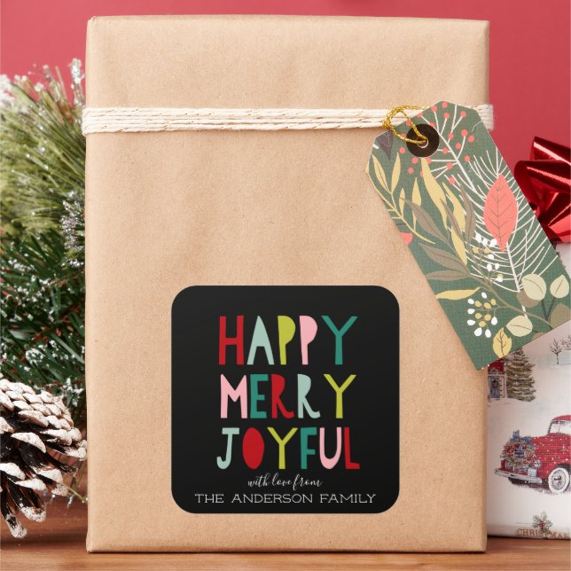Happy Merry Joyful | Bright Modern Typography Square Sticker (Holiday)