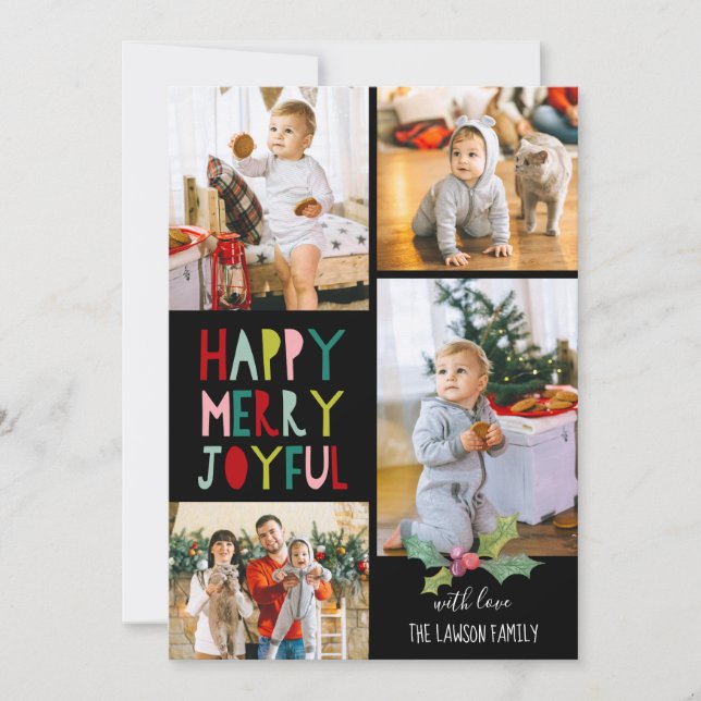 Happy Merry Joyful | Christmas Photo Collage Holiday Card (Front)
