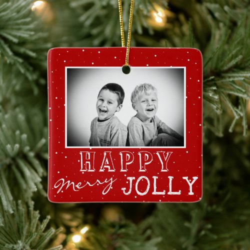 Happy Merry Red White Typography Christmas Photo Ceramic Ornament