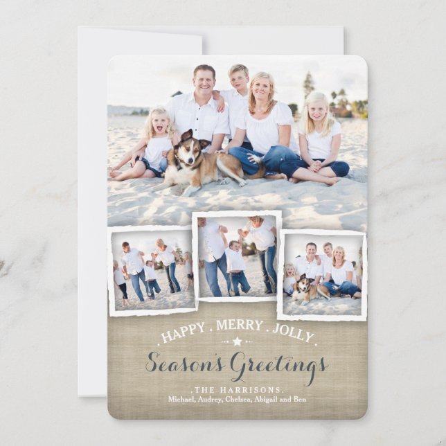 Happy Merry Rustic Burlap Photo Season's Greeting Holiday Card (Front)