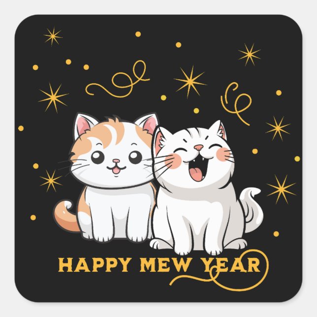 Happy Mew Year Party Cat Pun Square Sticker (Front)