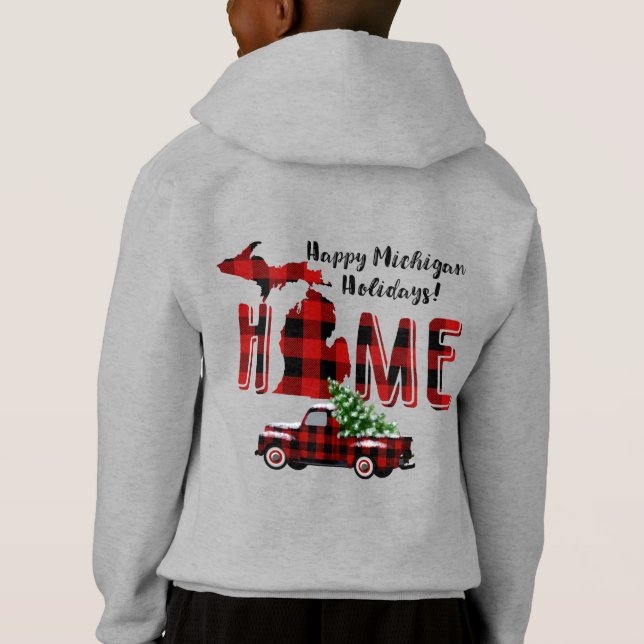 Happy Michigan Holidays! | Buffalo Plaid Truck Hoodie (Back)