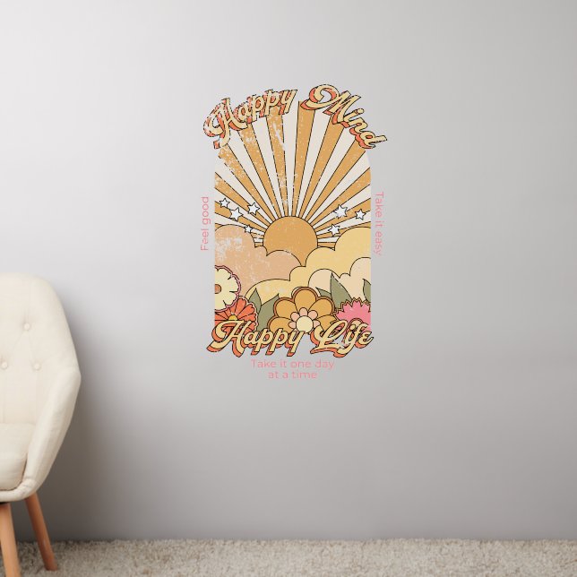 Happy Mind Happy Life Hippy Groovy Vibes Wall Decal (Living Room 2)