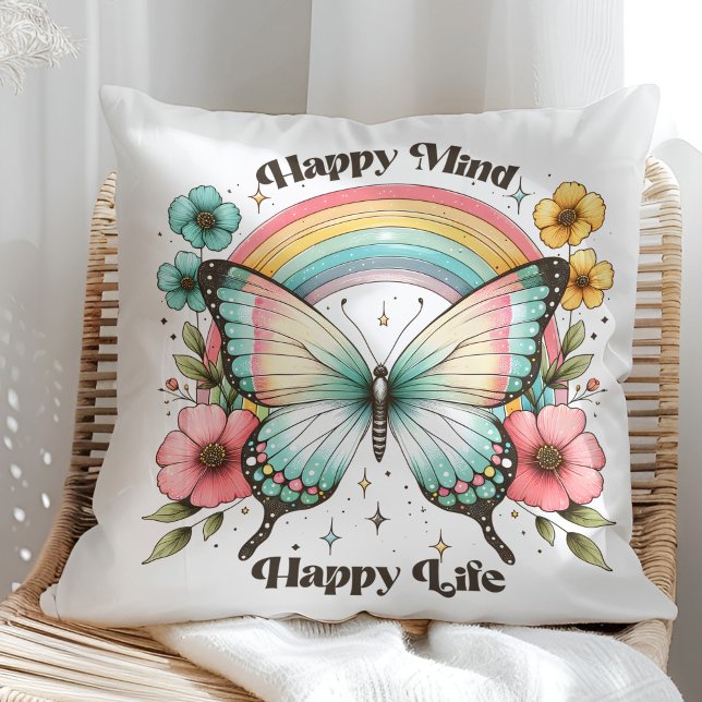 "Happy Mind Happy Life" Pastel Butterfly Rainbow Throw Pillow ("Happy Mind Happy Life" Pastel Butterfly Rainbow Throw Pillow in a sunny rattan armchair.)