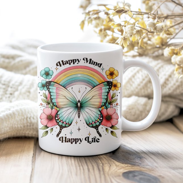 Happy Mind Happy Life Retro Butterfly Mug (Pastel Hippie "Happy Mind Happy Life" Coffee Mug on a neutral cozy wooden table.)