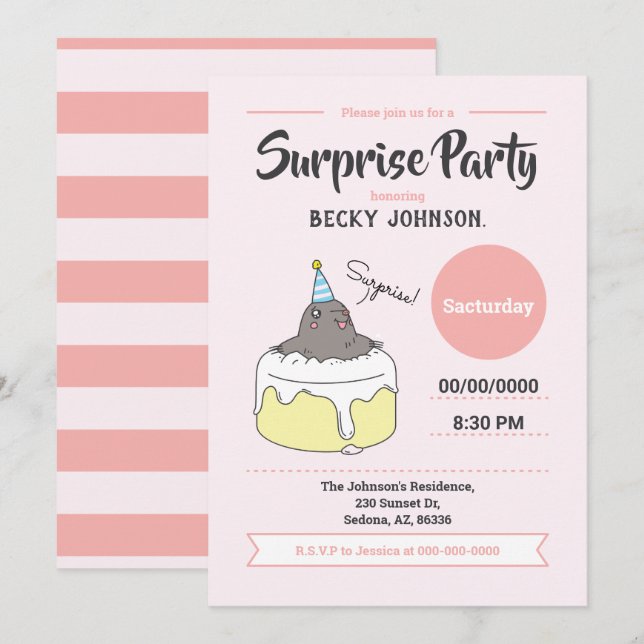 Happy Mole Surprise Birthday Party, Peach Pink Invitation (Front/Back)