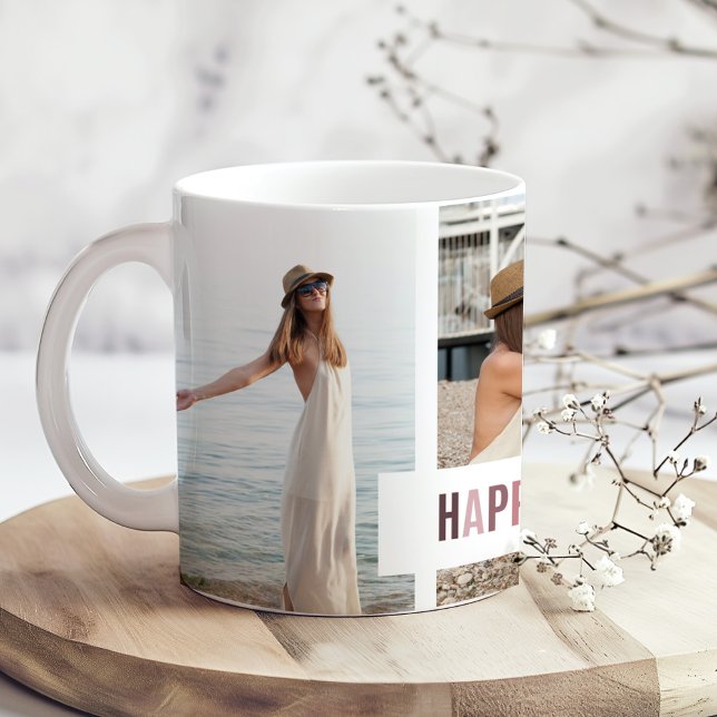 "Happy Moments" Photo Collage Gift  Coffee Mug ("Happy Moments" Photo Collage Gift Coffee Mug on a boho wooden kitchen table with tiny flowers.)
