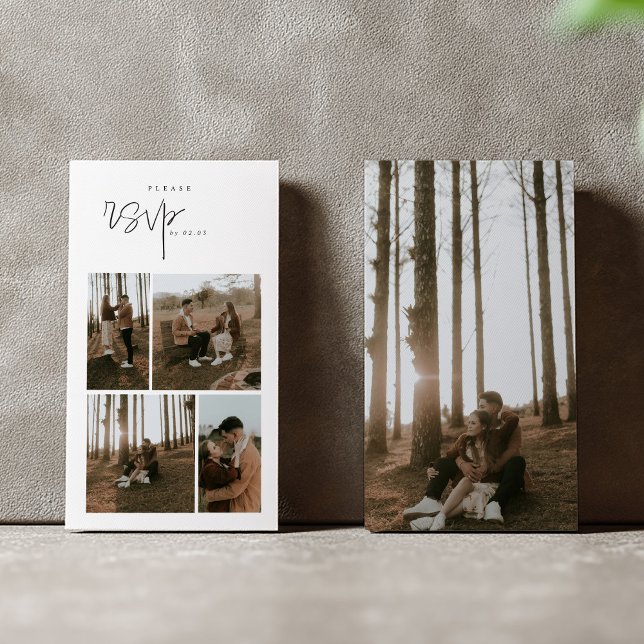 Happy moments photo rsvp enclosure card. (Modern RSVP card with four-photo collage and elegant script on clean white background.)