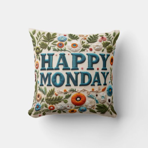 Happy Monday Flowers and Leaves Elegant Boho Style Throw Pillow