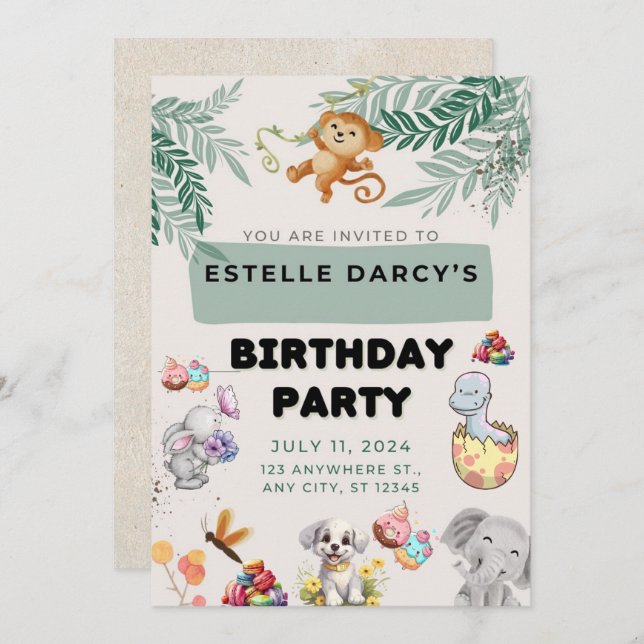 Happy monkey and beautiful animals birthday   invitation (Front/Back)