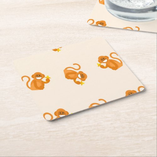 Happy monkeys eating a banana pattern square paper coaster