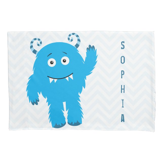 Happy Monster with First Name, Little Kid Pillow Case (Front)