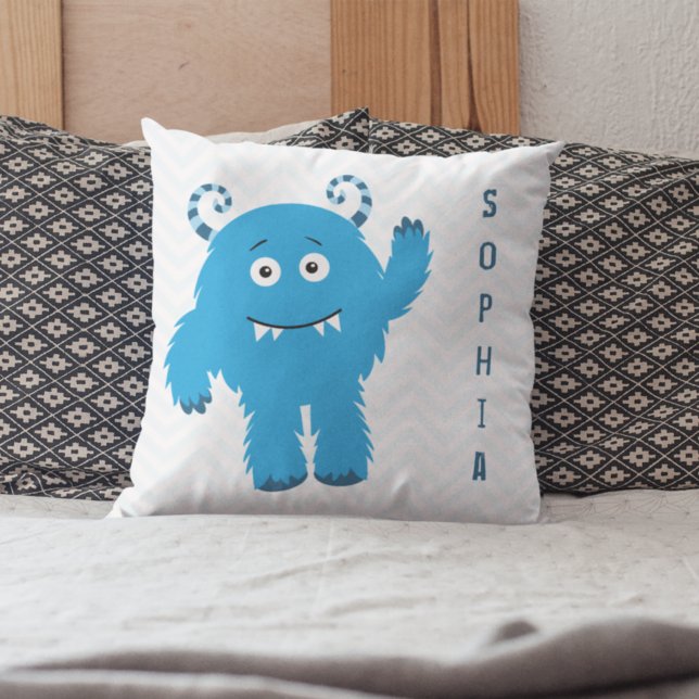Happy Monster with First Name, Little Kid Throw Pillow (Creator Uploaded)