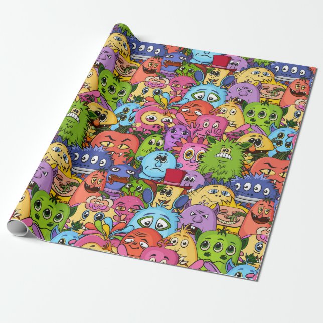 Happy Monsters Pattern Wrapping Paper (Unrolled)