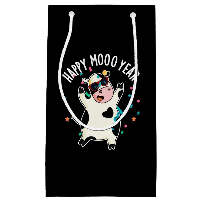 Happy Moo Year Funny Cow Pun Dark BG Small Gift Bag (Front)