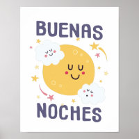 Happy Moon and Stars Nursery Art in Spanish Poster