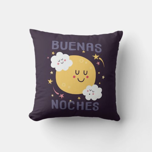 Happy Moon and Stars Nursery Art in Spanish Throw Pillow