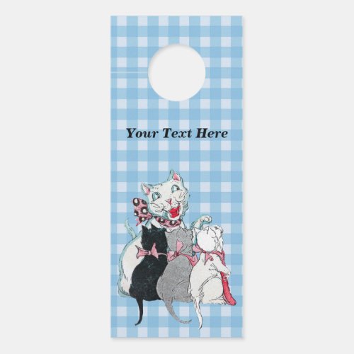 Happy Mother Cat Three Cute Kittens Blue Plaid Door Hanger