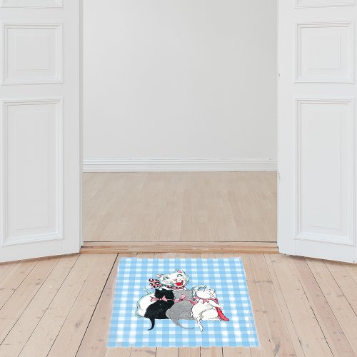 Happy Mother Cat With Her Kittens Blue White Plaid Floor Decals