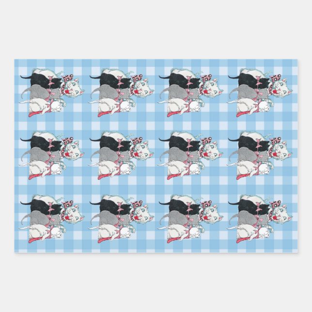 Happy Mother Cat With Three Kittens Plaid Wrapping Paper Sheets (Front)