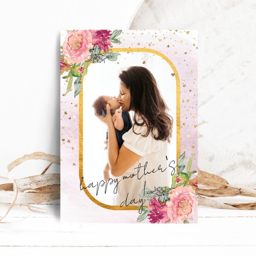 Happy Mother Day Gold Floral Photo Frame Holiday Card