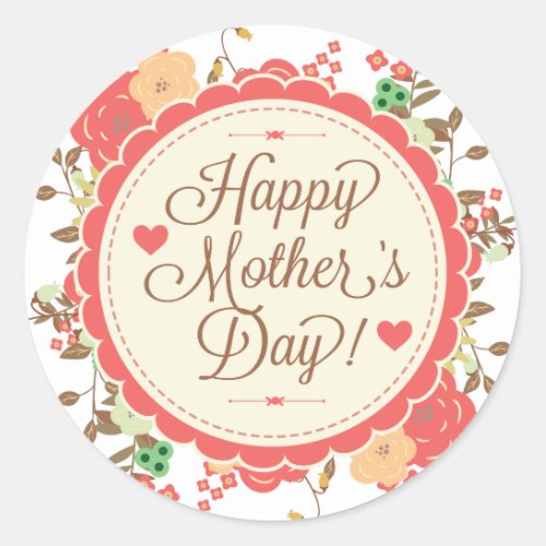 Happy Mother Day Text  Colorful Floral Design Classic Round Sticker