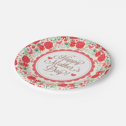 Happy Mother Day Text  Colorful Floral Wreath 2 Paper Plates