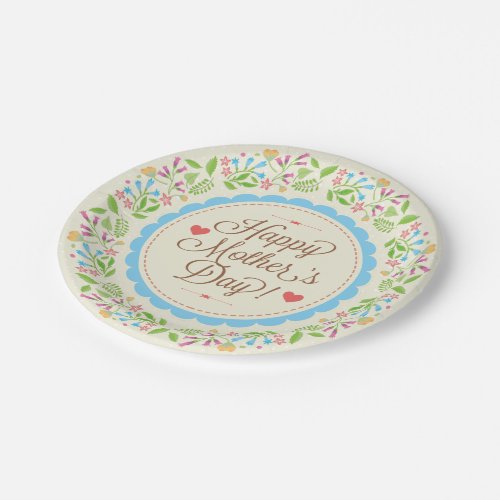 Happy Mother Day Text  Colorful Floral Wreath Paper Plates