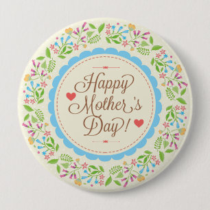 Happy Mother Day Text & Colorful Floral Wreath Pinback Button