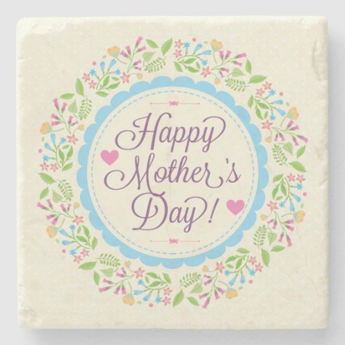 Happy Mother Day Text  Colorful Floral Wreath Stone Coaster