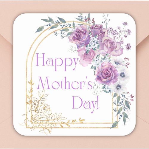 happy mother day watercolor pink gold floral chic square sticker