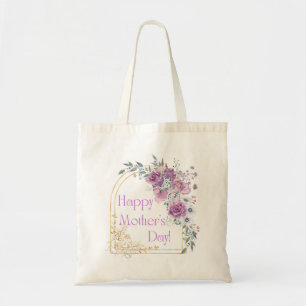 happy mother day, watercolor pink golden floral tote bag