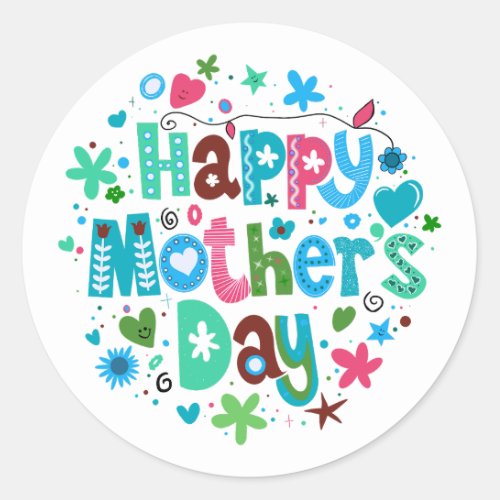Happy Mothers Day Blue Floral Stylish Lettering Classic Round Sticker