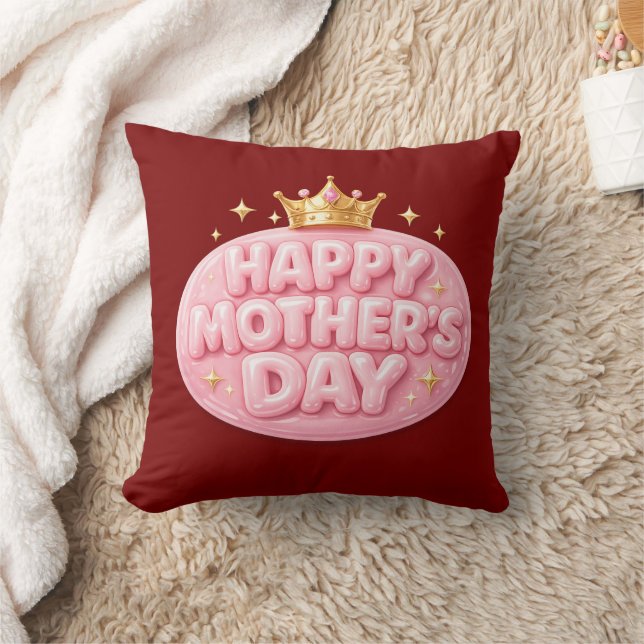 Happy Mother’s Day Crown Bubble Font Throw Pillow (Blanket)