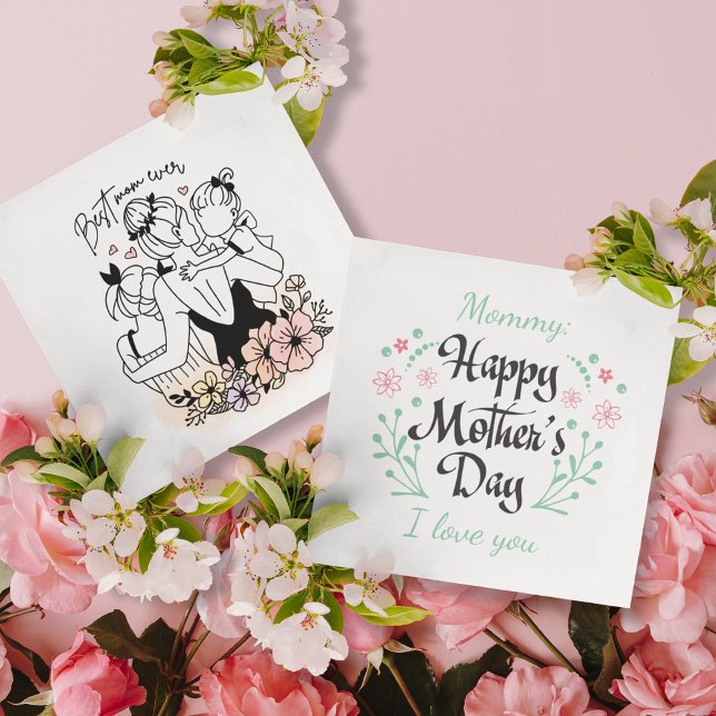 Happy Mother’s Day custom with Kids and Floral  (Best Mom ever mum, custom greeting flat card)